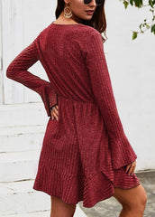 High Waist Solid Color V Neck Dress