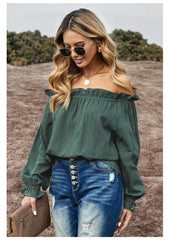Off Shoulder Long Sleeve Ruffle Hem Crop Blouse Top