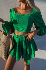 Hollow Lantern Sleeve Cropped Top + Belt Shorts
