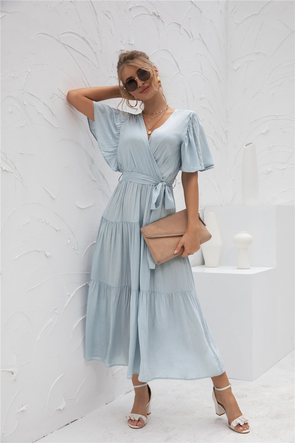 Short Sleeve V Neck Flowy Waist Wrap Maxi Dress