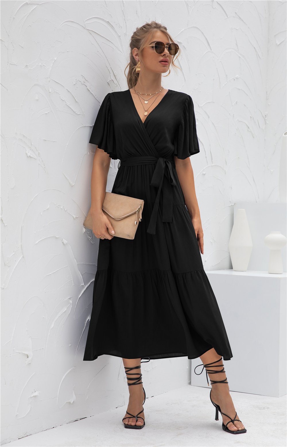 Short Sleeve V Neck Flowy Waist Wrap Maxi Dress