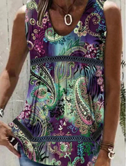 Casual Sleeveless Round Neck Printed Loose Blouse Top