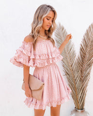 Pink Polka Dot Short Sleeve Elastic Waist Midi Dress