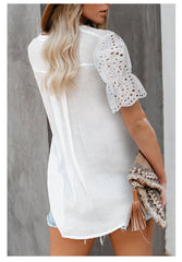 Lace Short Sleeve V Neck Blouse Top