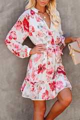 Buttons Tie Waist Printed Ruffle Dress