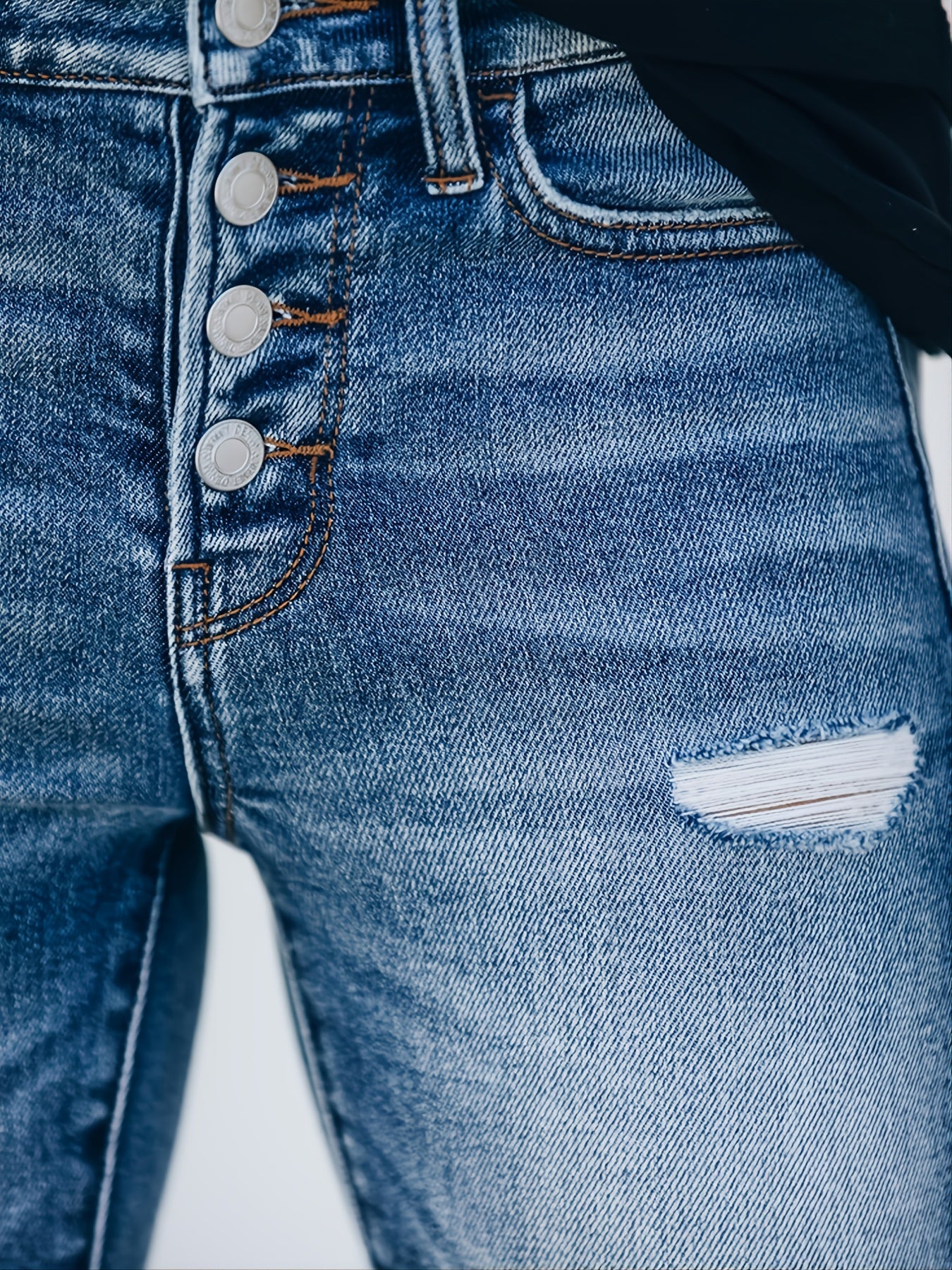 Women's Ripped Stretchy Button Fly Pocket Skinny Leg Jeans, Casual Denim Pants