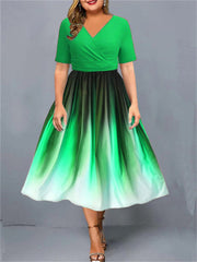 New Gradient Print Party Dress Short-sleeved V-neck A-line Dress Large Hem Elastic Waist Mid-length Dresses Women