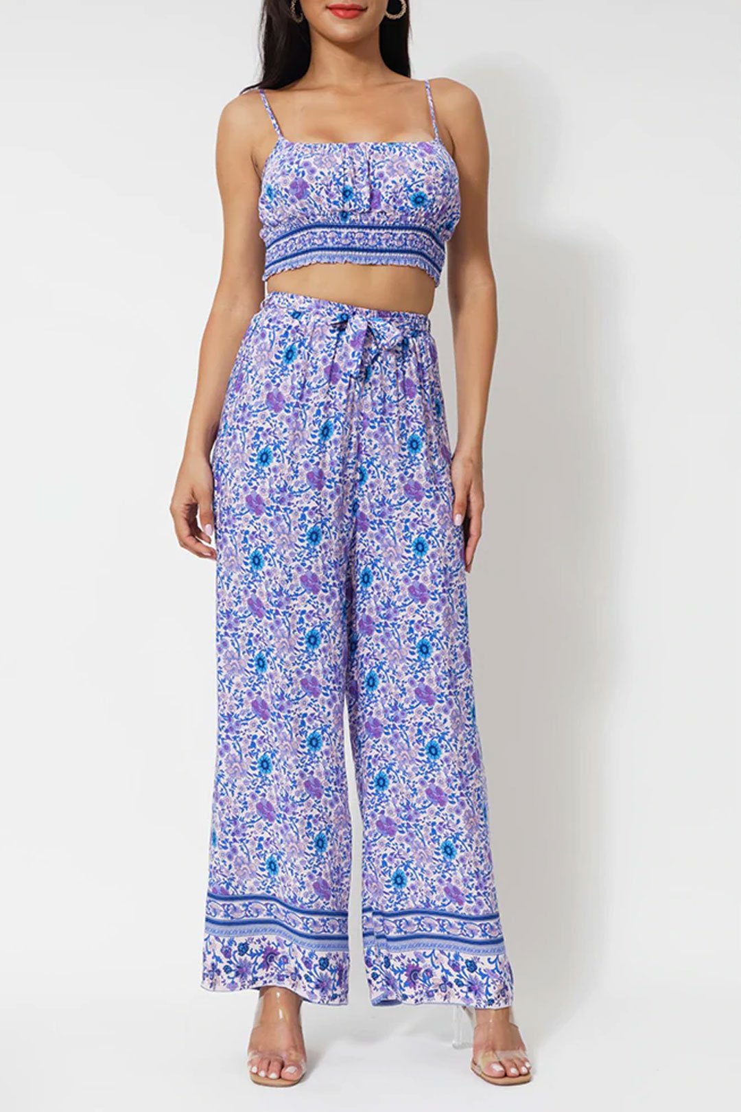 Boho Two Piece Set, Two Piece Pants Set, Wild Floral in Purple