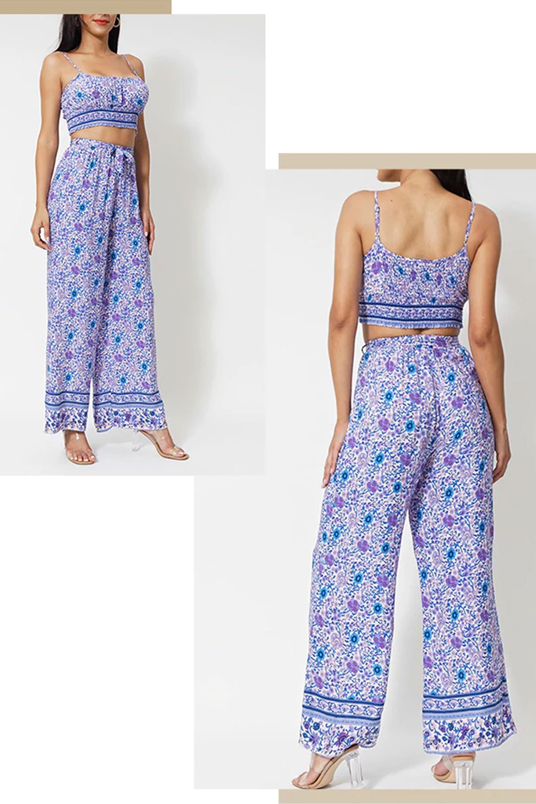 Boho Two Piece Set, Two Piece Pants Set, Wild Floral in Purple