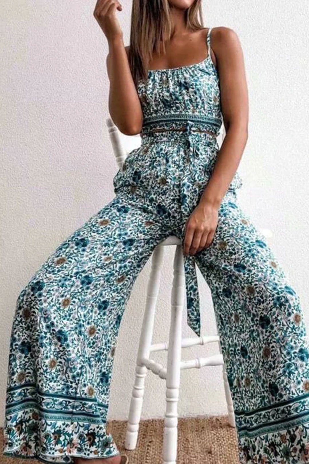 Boho Two Piece Set, Two Piece Pants Set, Wild Floral in Blue