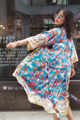 Boho Robe, Kimono Robe,  Beach Cover up, Peony Blue Bird