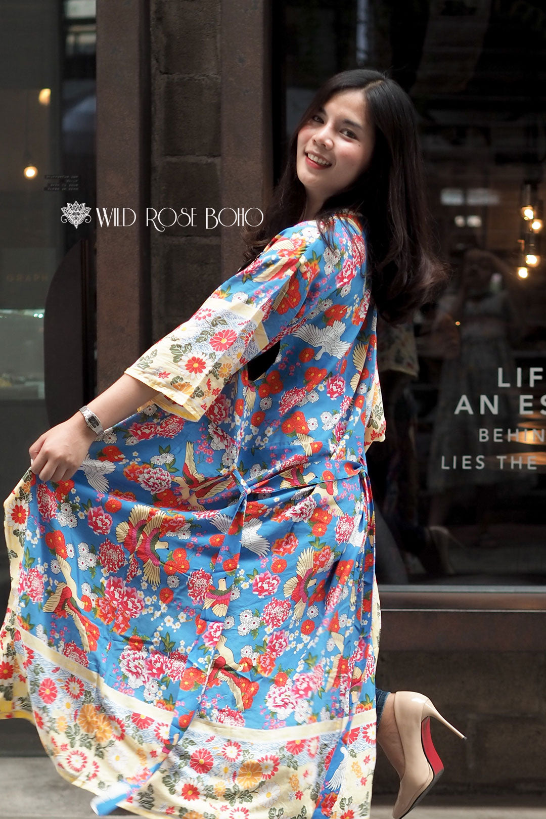 Boho Robe, Kimono Robe,  Beach Cover up, Peony Blue Bird