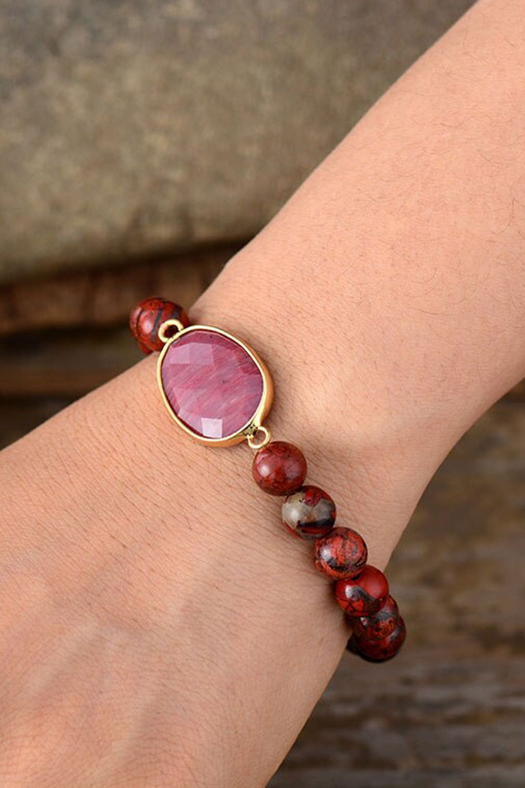 Boho Bracelet, Stretchy Bracelet, Red Rhodonite and Jasper