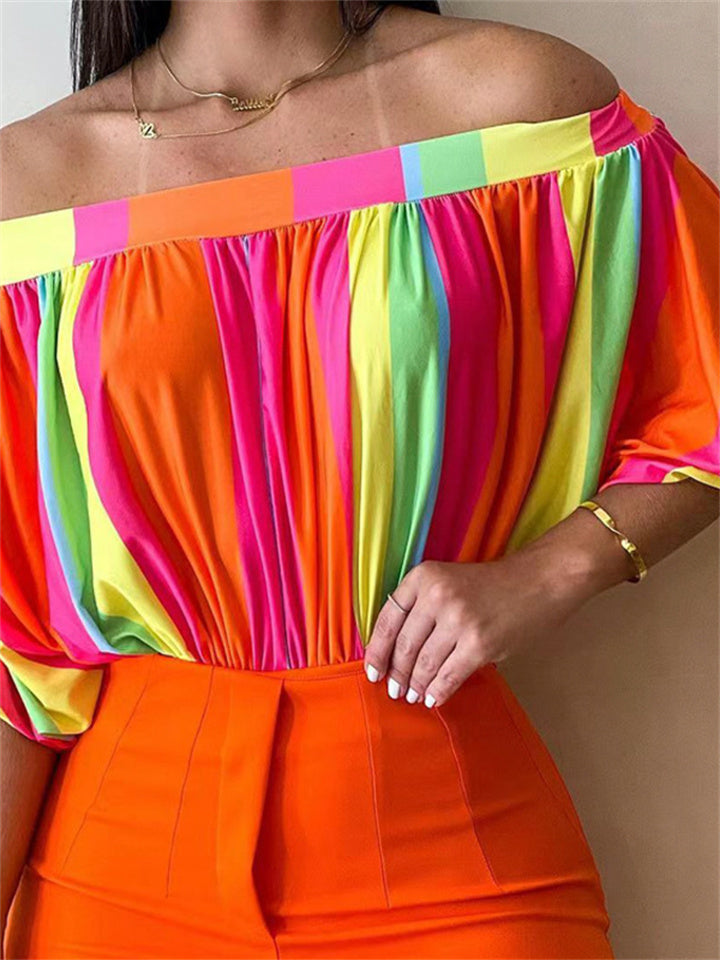 New Summer Women's Pleated Trim Strapless Loose A Neck Top Bat Sleeve Short Sleeve Comfortable Casual T Tops S-XL