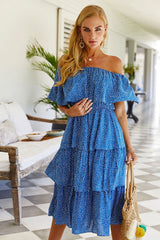 Boho Midi Dress, Sundress, Sadie Ruffle in Blue