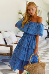 Boho Midi Dress, Sundress, Sadie Ruffle in Blue