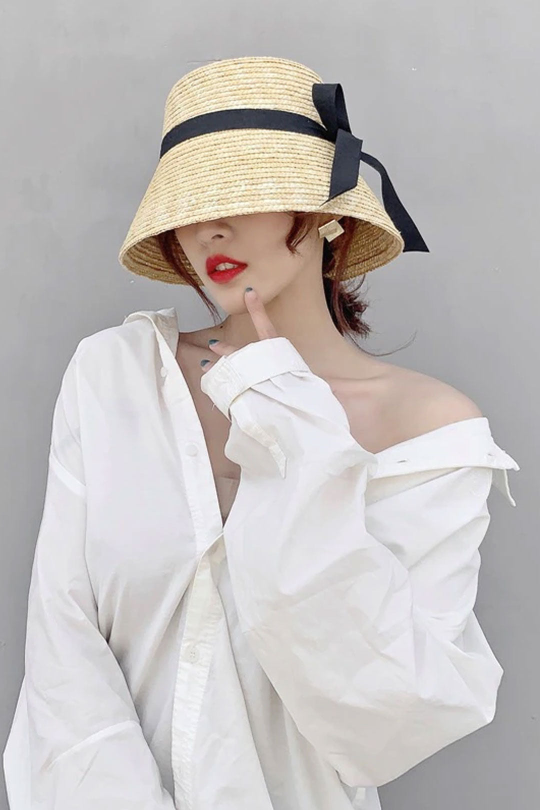 Boho Hat, Straw Bucket Hat, Black Ribbon