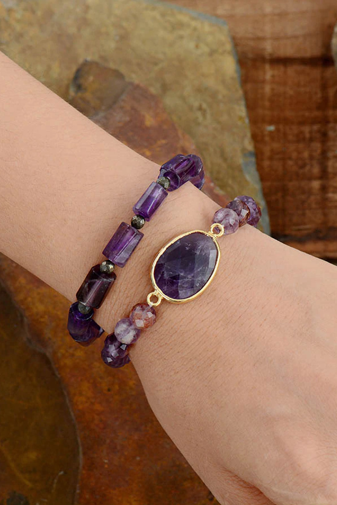 Boho Bracelet, Stretchy Bracelet, Blue Lapis and Purple Amethyst