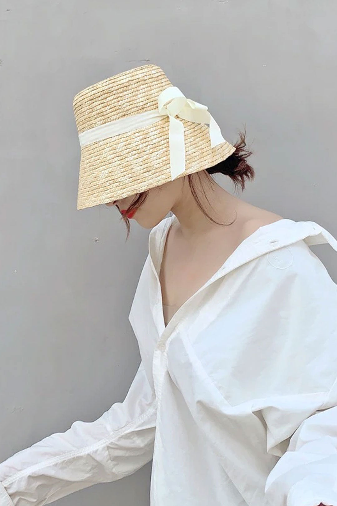 Boho Hat, Straw Bucket Hat, Black Ribbon
