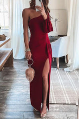 One Shoulder Long Sleeve Maxi Dress With Slit