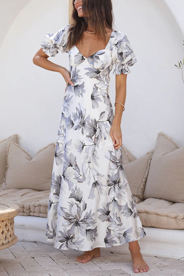 Seaside Space Floral Satin Open Back Crossover Straps Maxi Dress