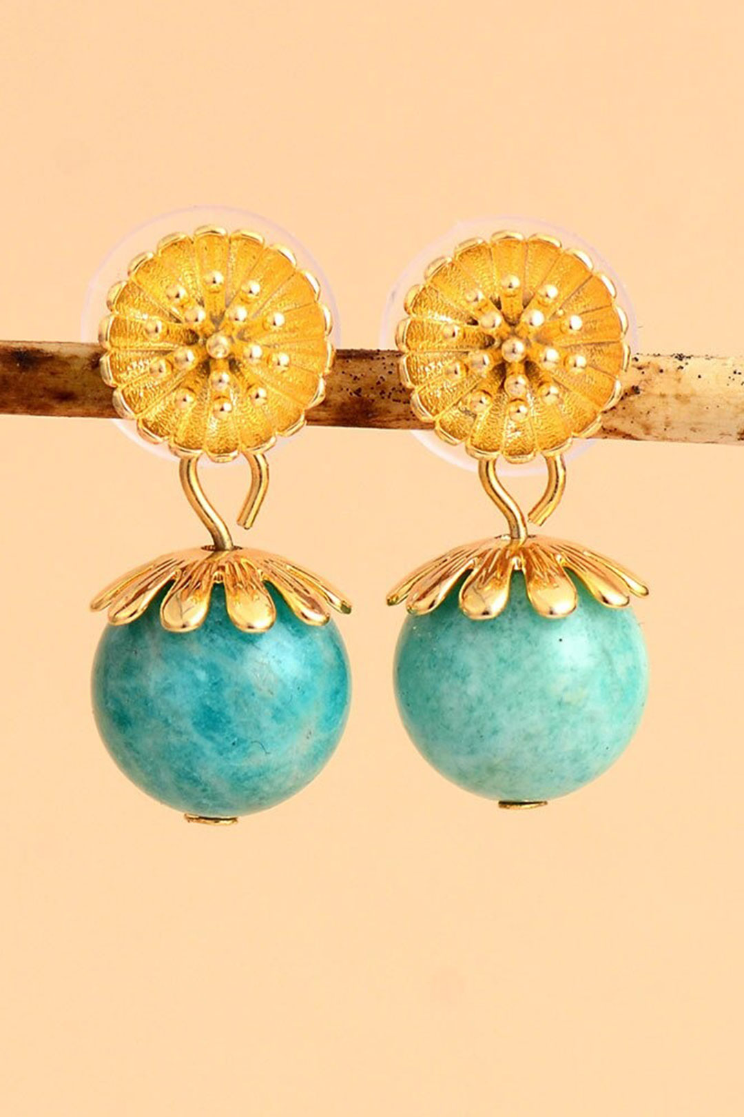 Boho Earrings, Dangle Earrings, Blue Amazonite Gold Flower