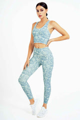 Yoga Set, Yoga Legging, Printed Workout 3 Piece Set Hooded Shirt Top, Vest and Legging, Tie-dye Fitness in Light Green