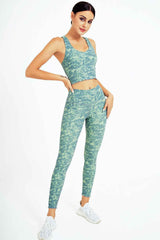 Yoga Set, Yoga Legging, Printed Workout 3 Piece Set Hooded Shirt Top, Vest and Legging, Tie-dye Fitness in Green