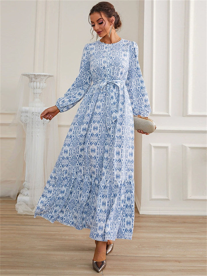 Women's Spring and Summer New Fashion Round Neck Gradient Color Long-sleeved French Oversized Hem Dress High Waist Dress