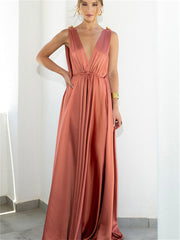 New Temperament Elegant Solid Color Sleeveless Sexy Elastic Waist Swing V-neck Long Dress Evening Dress Party Dress Female