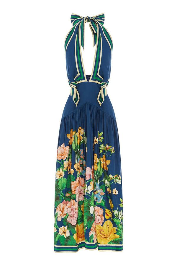 Call It Love Linen Blend Floral Halter Cross-over Neck Back Smocked Midi Dress