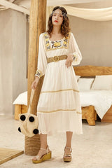 Boho Midi Dress, Embroidered  Dress, Vintage Gown in White