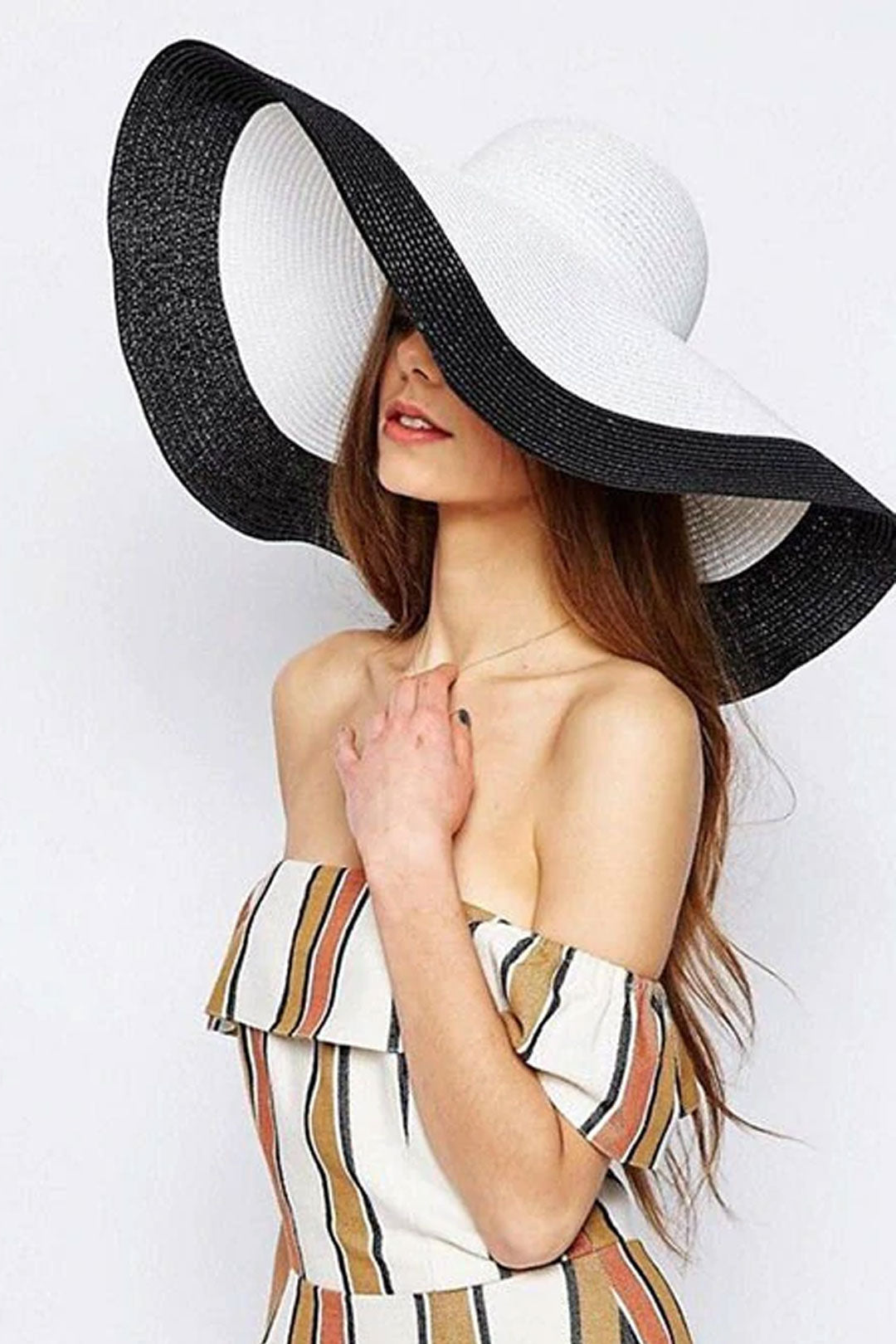 Boho Hat, Sun Hat, Beach Hat, Extra Wide Brim Straw Hat (25 cm), Two Tone Black White