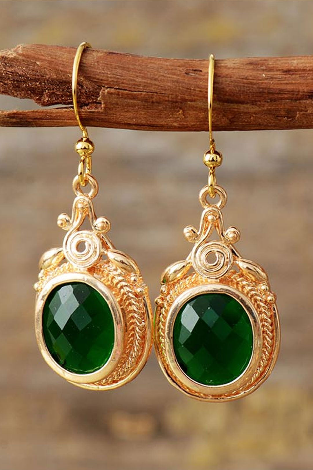 Boho Earrings, Dangle Earrings, Green Rhinestone Gold