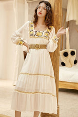 Boho Midi Dress, Embroidered  Dress, Vintage Gown in White