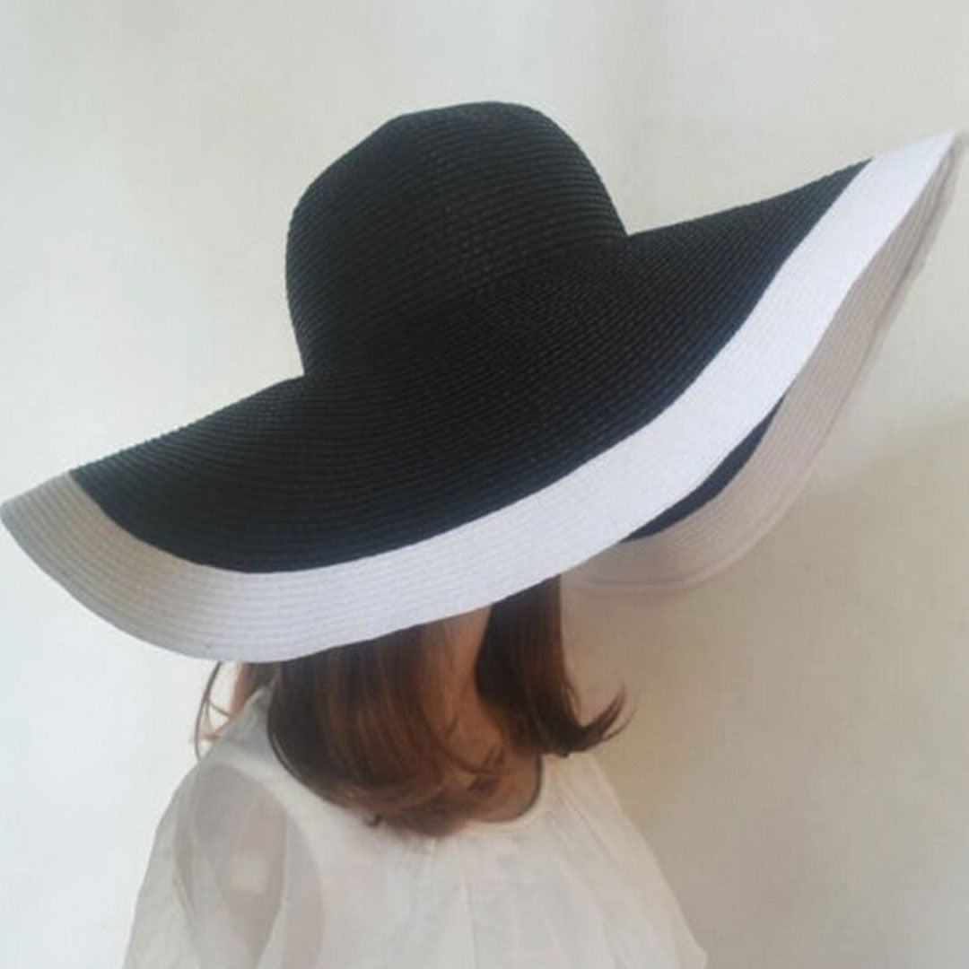 Boho Hat, Sun Hat, Beach Hat, Extra Wide Brim Straw Hat (25 cm), Two Tone Black White