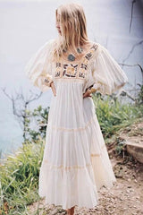 Boho Midi Dress, Embroidered  Dress, Vintage Gown in White