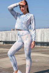 Yoga Set, Yoga Legging, Printed Workout 3 Piece Set Hooded Shirt Top, Vest and Legging, Tie-dye Fitness in Blue-Orange