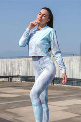 Yoga Set, Yoga Legging, Printed Workout 3 Piece Set Hooded Shirt Top, Vest and Legging, Tie-dye Fitness in Blue