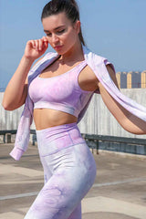 Yoga Set, Yoga Legging, Printed Workout 3 Piece Set Hooded Shirt Top, Vest and Legging, Tie-dye Fitness in Purple