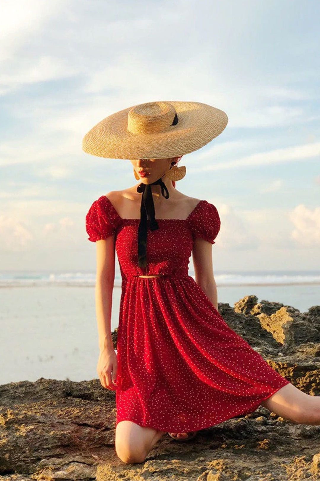 Boho Hat, Sun Beach Hat, Wide Brim Straw Hat 10 cm, Black, White, Orange Ribbon