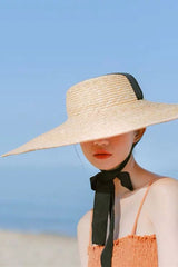 Boho Hat, Sun Beach Hat, Wide Brim Straw Hat 10 cm, Black, White, Orange Ribbon