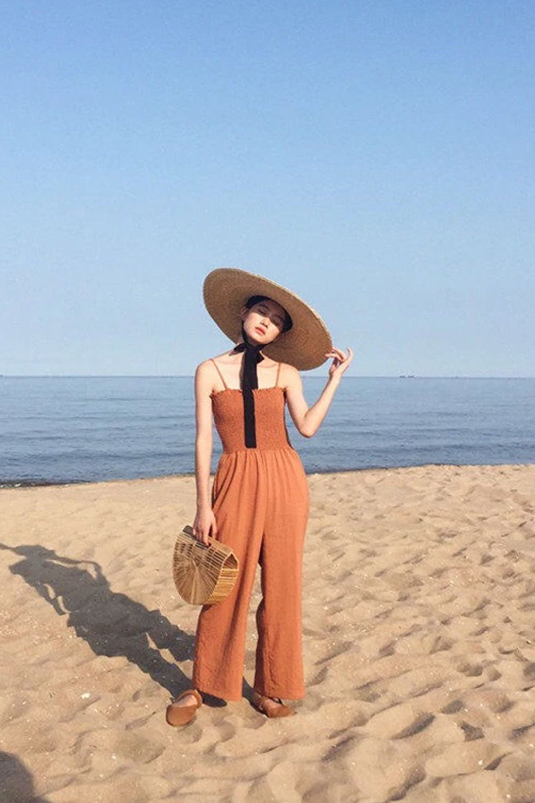 Boho Hat, Sun Beach Hat, Wide Brim Straw Hat 10 cm, Black, White, Orange Ribbon