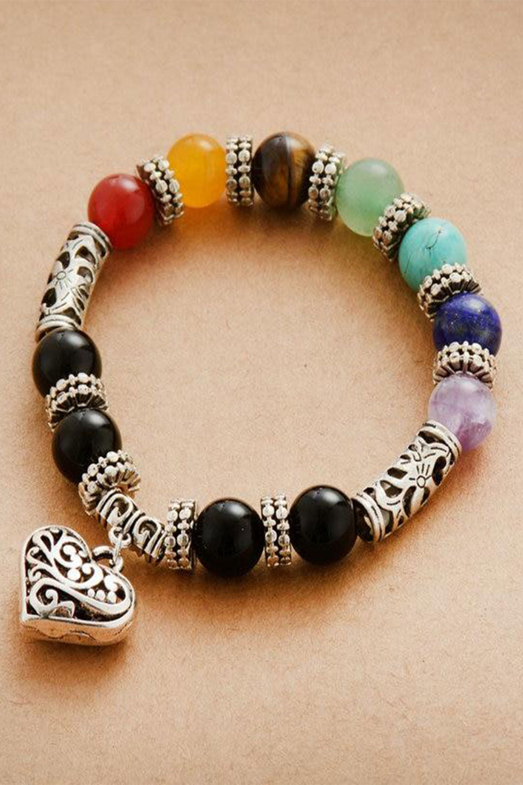 Boho Bracelet, Stretchy Bracelet, Black 7 Chakra