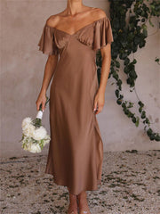 S-XL Summer Casual Women's Solid Color Satin Short Sleeve Sexy One Neck High Waist Pleated Medium Length Dress Temperament Commuter