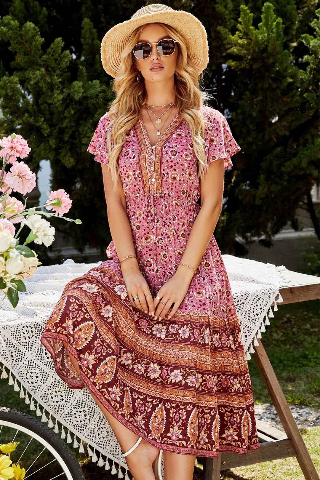 Boho Maxi Dress, Sundress, Pink Rosella