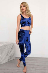 Yoga Set, Yoga Legging, Printed Workout Set Top and Legging, SmokeTie Dye in Blue
