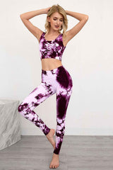 Yoga Set, Yoga Legging, Printed Workout Set Top and Legging, SmokeTie Dye in Purple