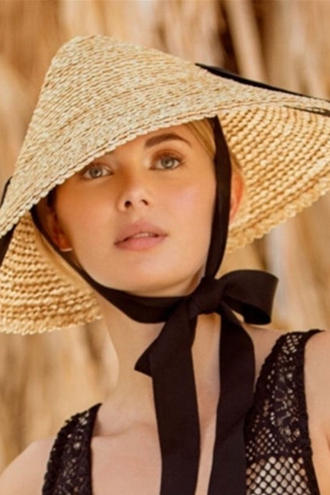 Boho Hat, Sun Beach Hat, Straw Cone Hat, Esme with Black Ribbon