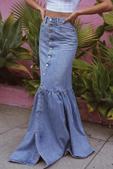 Button Up High Waist Flare Hem Denim Skirt